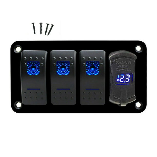 4 Gang Toggle Rocker Switch Panel DUAL USB for Car Boat Marine RV Truck Blue LED